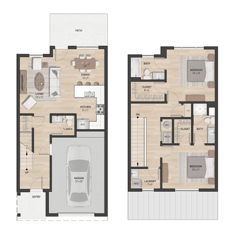 Floor plan for 2 beds, 2.5 baths, 1350 sqft